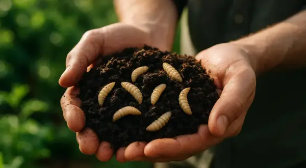 Mains tenant un tas de terreau riche, parsemé de plusieurs asticots composteurs, symboles de vie et de recyclage naturel.