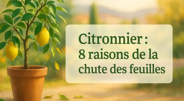 Mon citronnier perd ses feuilles. Un jeune citronnier en pot, avec des citrons jaunes, perd des feuilles. Le texte indique "Citronnier : 8 raisons de la chute des feuilles".