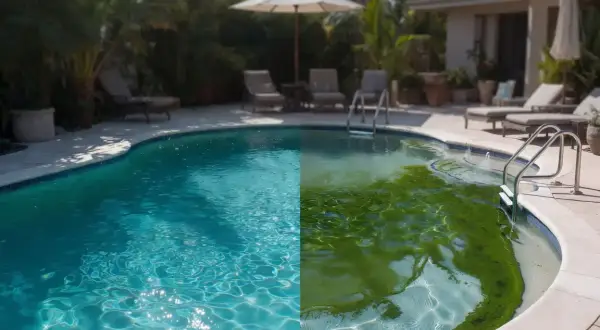 Comparaison d'une piscine : d'un côté, l'eau est claire et bleue ; de l'autre, elle est envahie par de **différentes algues piscine** vertes.
