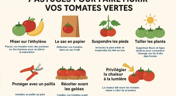 7 astuces pour faire rougir les tomates sur pied : éthylène, sac en papier, suspendre les pieds, tailler, paillis, récolter avant les gelées, privilégier la chaleur.