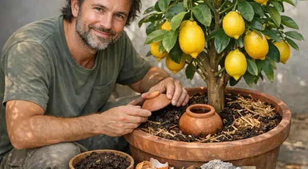 Un homme souriant prend soin d'un citronnier en pot, prêt à récolter ses fruits.