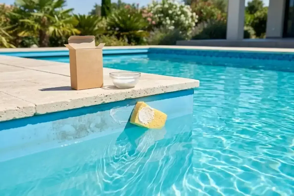 Nettoyer une piscine tubulaire : une éponge avec de la pâte à récurer sur le bord d'une piscine bleue, à côté d'une boîte ouverte et d'un bol de poudre blanche.