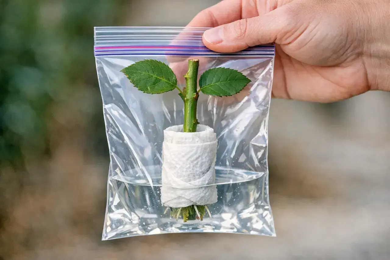 Une bouture de rosier, enveloppée dans du papier absorbant et placée dans un sac plastique avec de l'eau, montre de fines racines se développant.