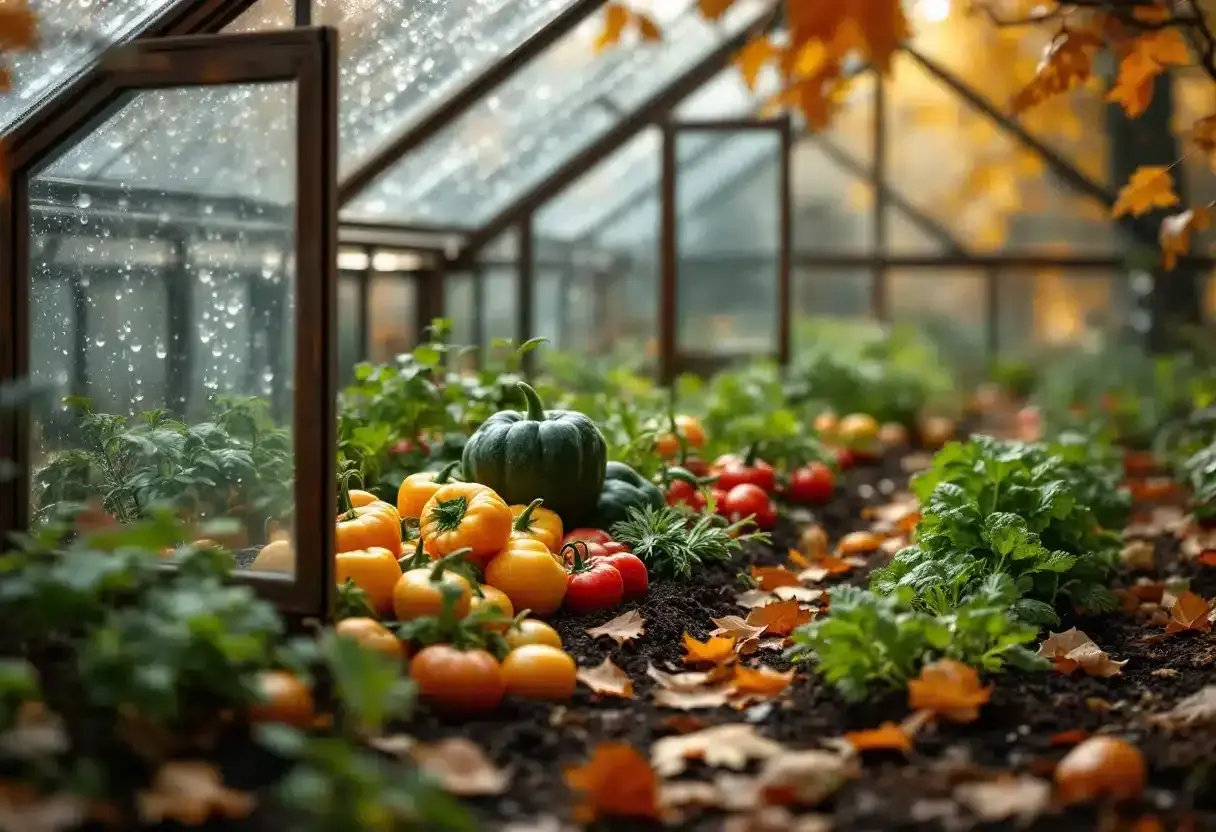 Récolte d'automne dans une serre : courges, tomates et poivrons mûrs, avec des feuilles tombées sur le sol. La culture sous serre protège ces trésors.