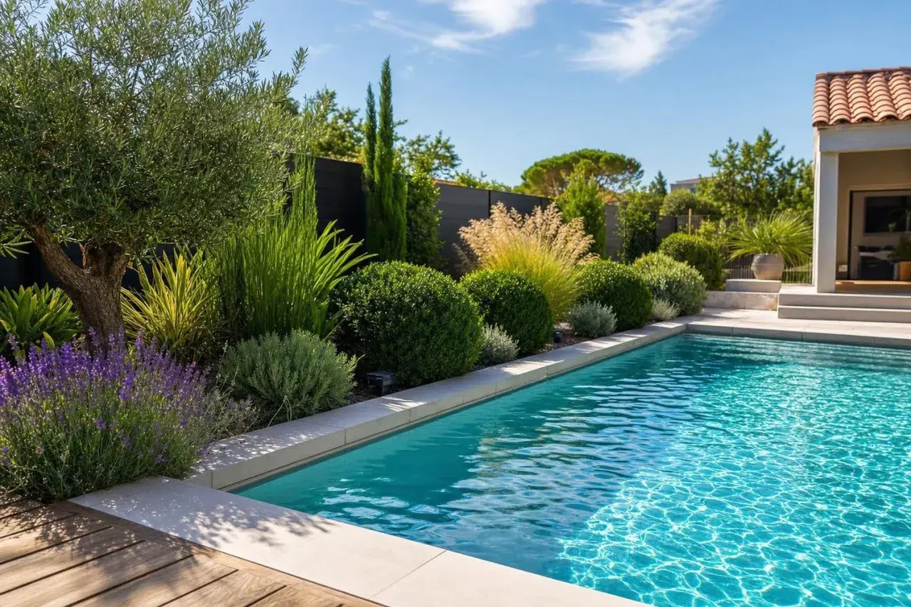 Un jardin méditerranéen luxuriant borde une piscine bleue. Un vieil arbre savonnier se dresse fièrement, entouré de lavande et de graminées.