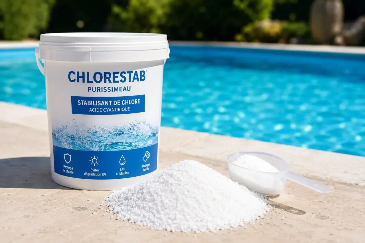 Un seau de stabilisant de chlore pour piscine, "Chlorestab", et une pelle remplie du produit, à côté d'une piscine. Idéal pour éviter un stabilisant piscine trop bas.