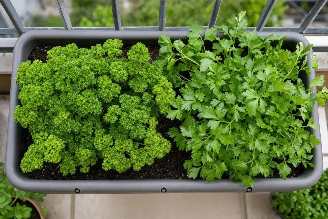 Un bac gris sur un balcon abrite deux variétés de persil, l'une frisée et l'autre plate. Idéal pour semer du persil frais.