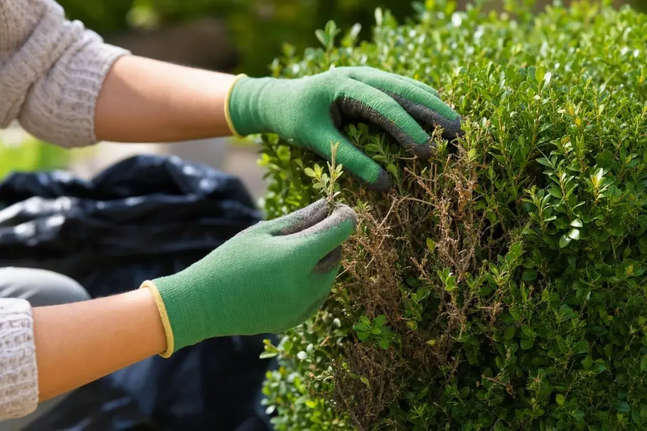 Mains gantées vertes retirant des branches mortes d'un buis, signe de la pyrale du buis.