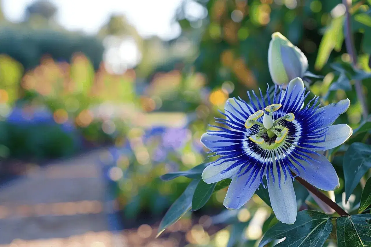 Une magnifique passiflore bleue et blanche s'épanouit dans un jardin ensoleillé, avec un chemin flou en arrière-plan.
