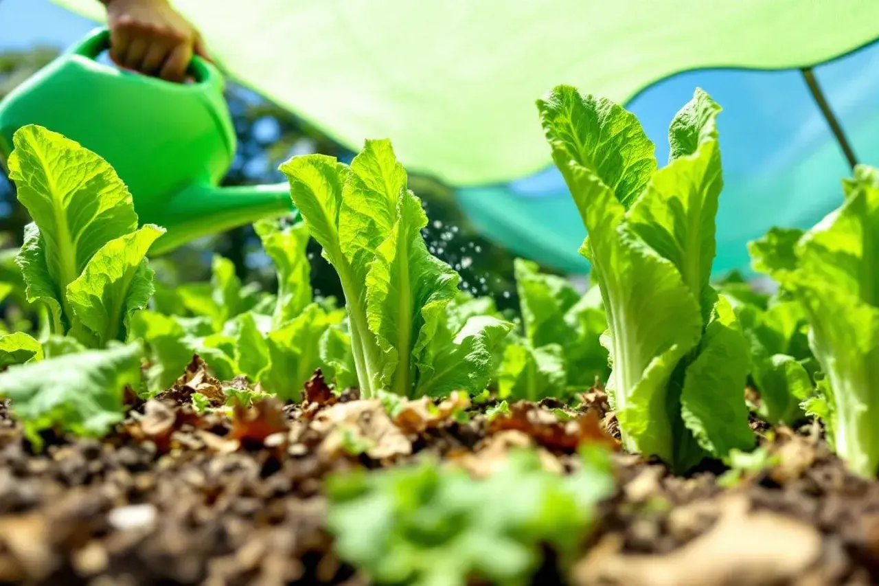 Arrosage de jeunes plants de salade fraîchement repiqués, sous un voile protecteur vert.