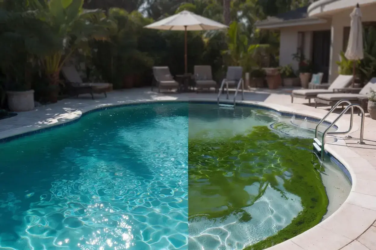 Comparaison d'une piscine : d'un côté, l'eau est claire et bleue ; de l'autre, elle est envahie par de **différentes algues piscine** vertes.