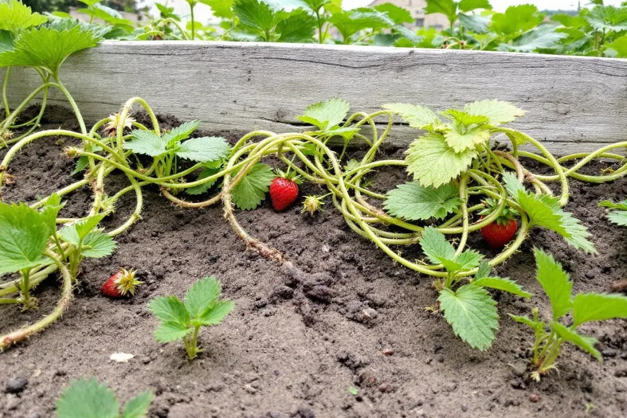 Un stolon fraisier s'étend sur la terre, portant quelques fraises rouges et de jeunes plants.