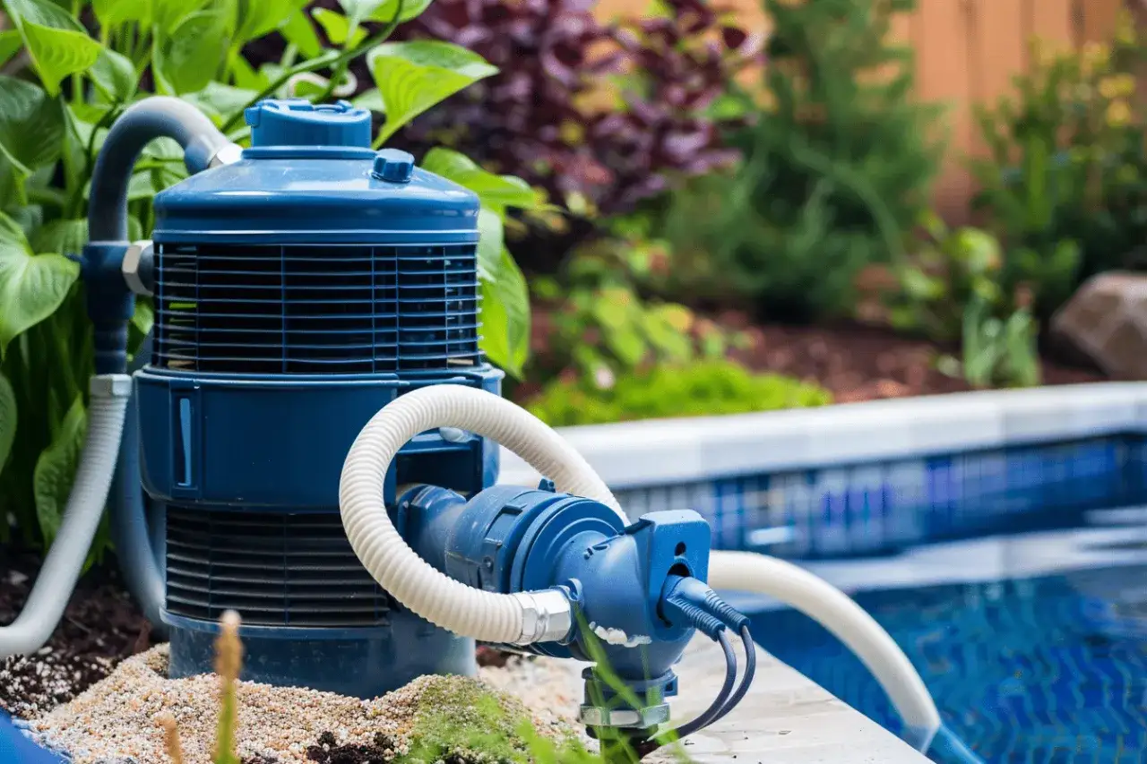 Pompe de piscine bleue, prête à fonctionner. Pour savoir a quelle heure faire tourner sa piscine l'été, il faut penser à la filtration.