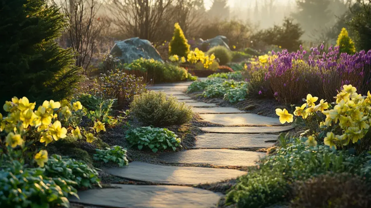 Sentier de pierres dans un jardin baigné de soleil matinal, où des fleurs d'hiver jaunes et violettes égaient le paysage.