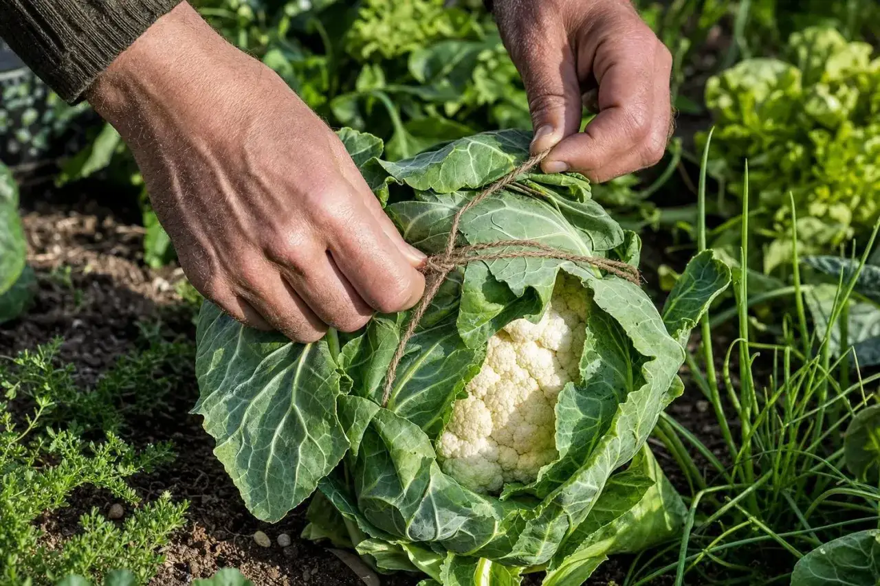 Mains nouant un chou-fleur fraîchement récolté, prêt pour la vente. La culture du chou-fleur est une tradition familiale.