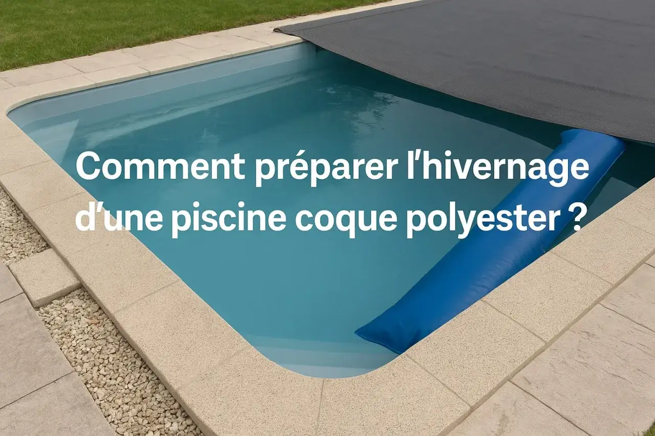 Préparation de l'hivernage d'une piscine coque polyester : couverture de protection et boudin gonflable pour l'hiver.