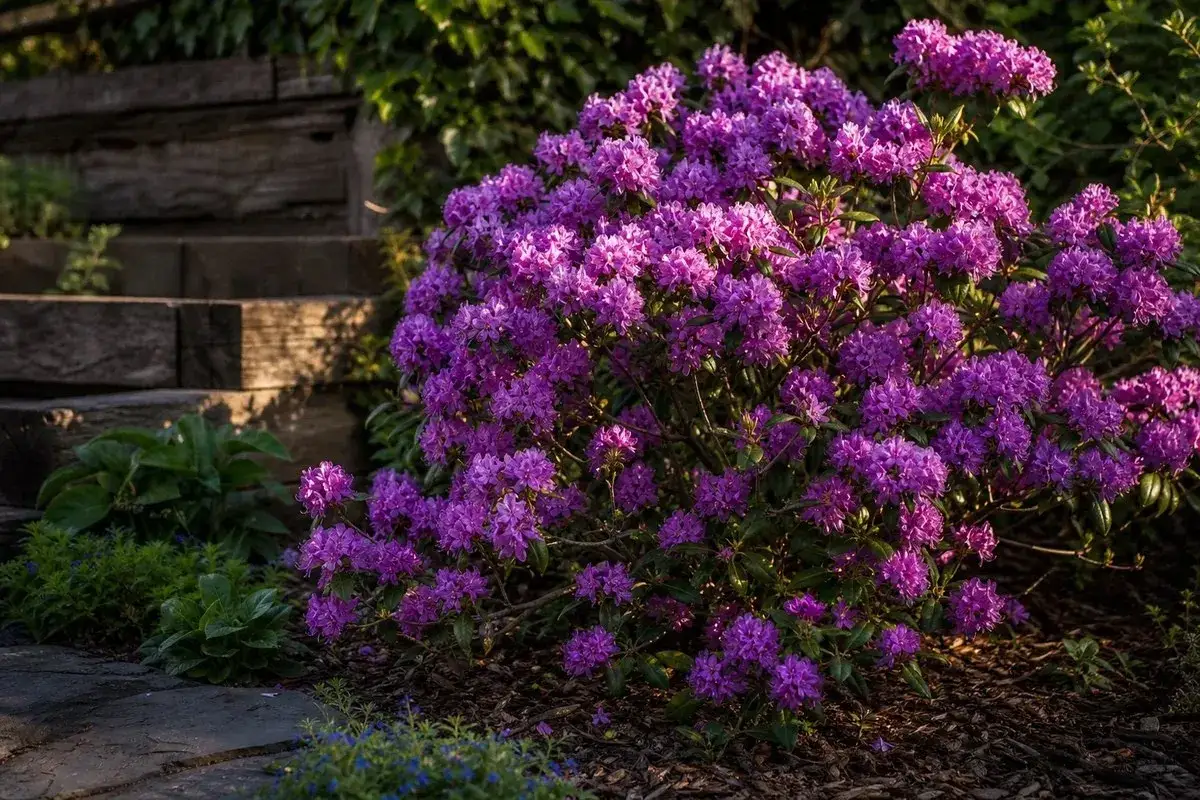 Un magnifique rhododendron violet en pleine exposition, avec des marches en bois en arrière-plan.