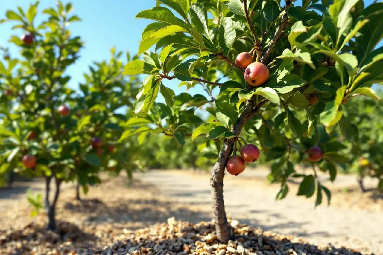 Un jeune arbre porte des fruits rouges, promesse d'un délicieux fruit d'hiver en France. Le soleil brille sur le verger.