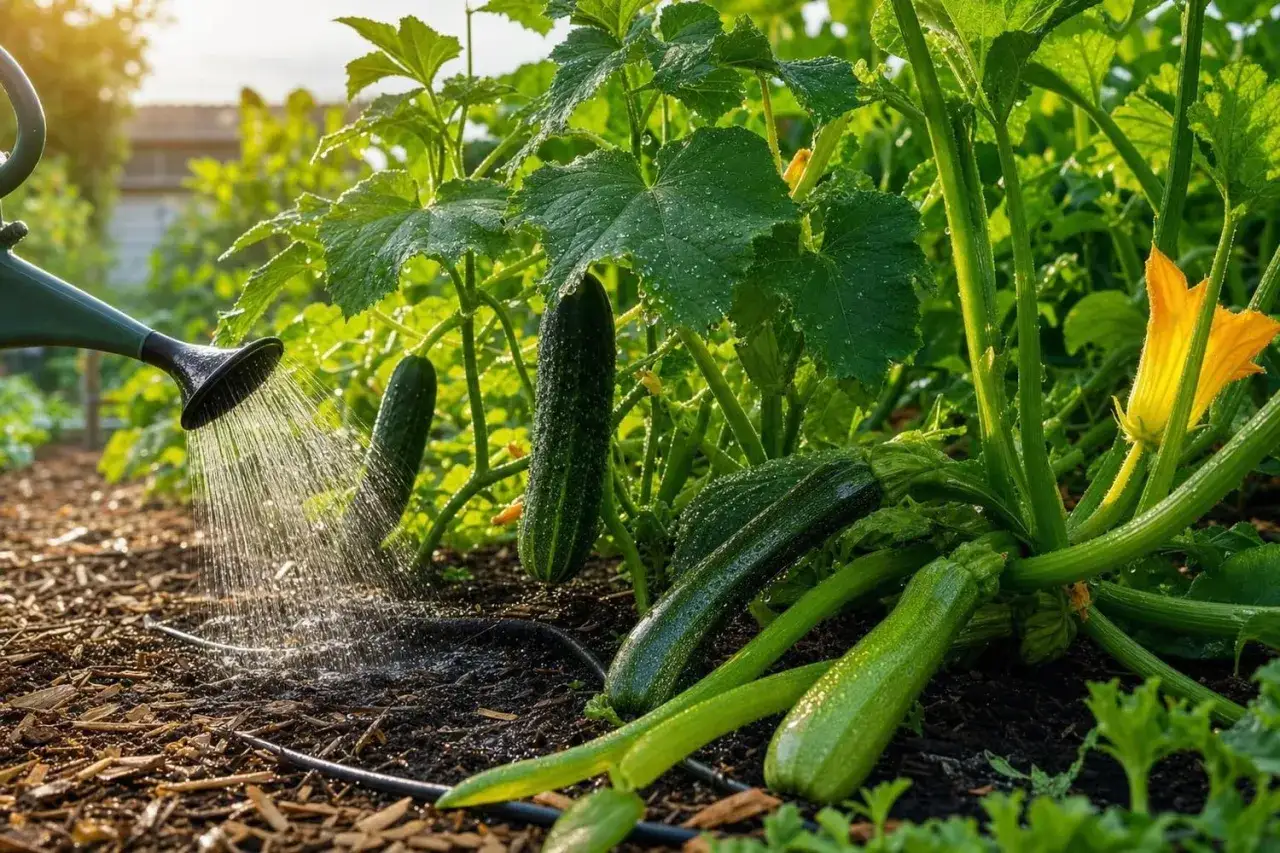 Arrosage d'un plant de courgettes avec plusieurs fruits mûrs. Faut-il arroser les courgettes tous les jours ? Le soleil brille sur le potager.