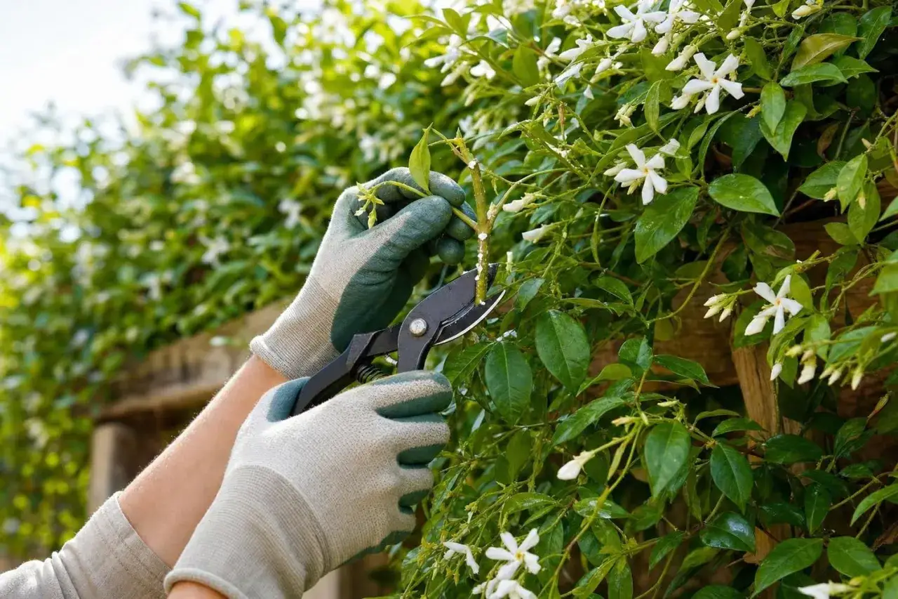 Mains gantées taillant un jasmin en fleurs.