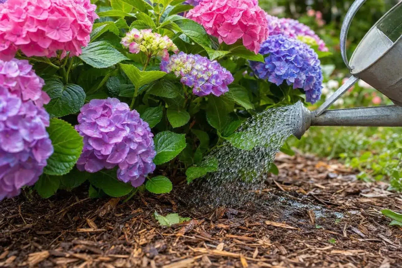 Arrosage d'un magnifique planter hortensia aux couleurs vives, rose, violet et bleu. L'eau tombe en pluie fine sur le paillis.