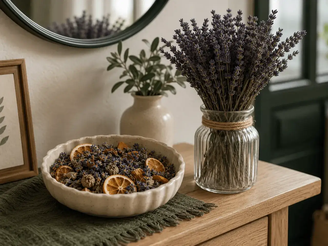 Un bol de lavande séchée et d'oranges confites, parfait pour savoir que faire avec de la lavande. Un bouquet de lavande dans un vase en verre à côté.