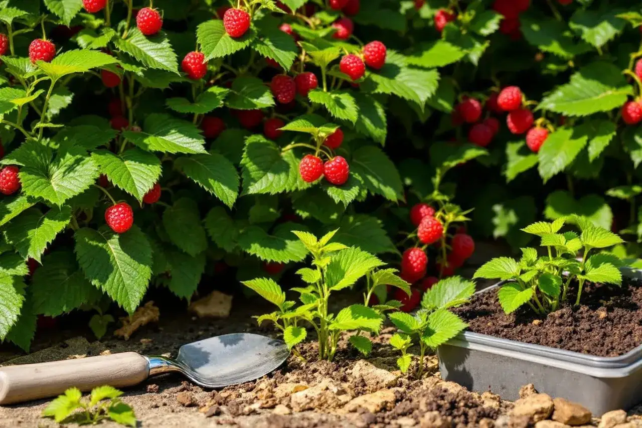 Un plant de framboisier mature porte des fruits rouges. À côté, une petite bouture de framboisier est prête à être plantée, avec une petite pelle.
