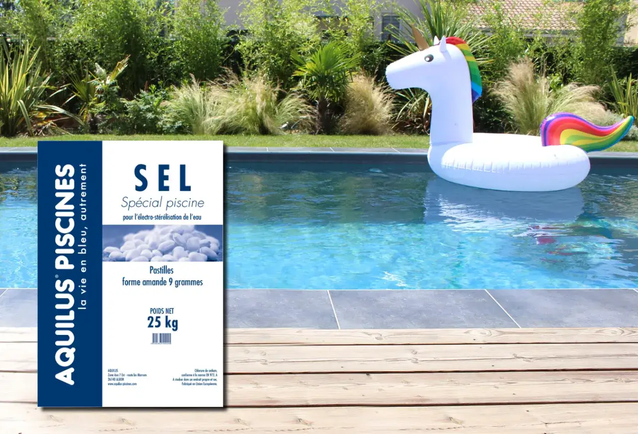 Piscine avec bouée licorne. Sac de sel pour piscine, rappelant la conséquence du manque de sel.