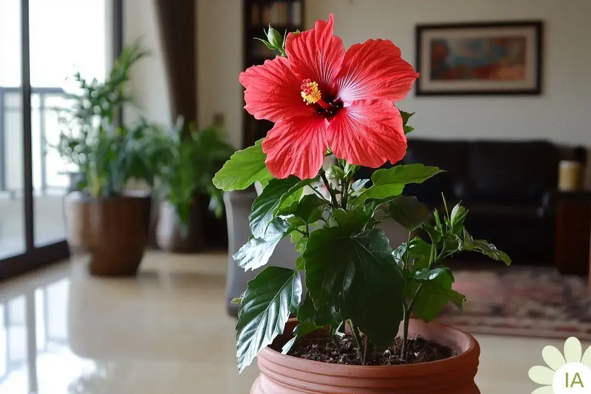 Un magnifique hibiscus rouge en pot, prêt pour son entretien. D'autres plantes vertes en arrière-plan dans un salon lumineux.