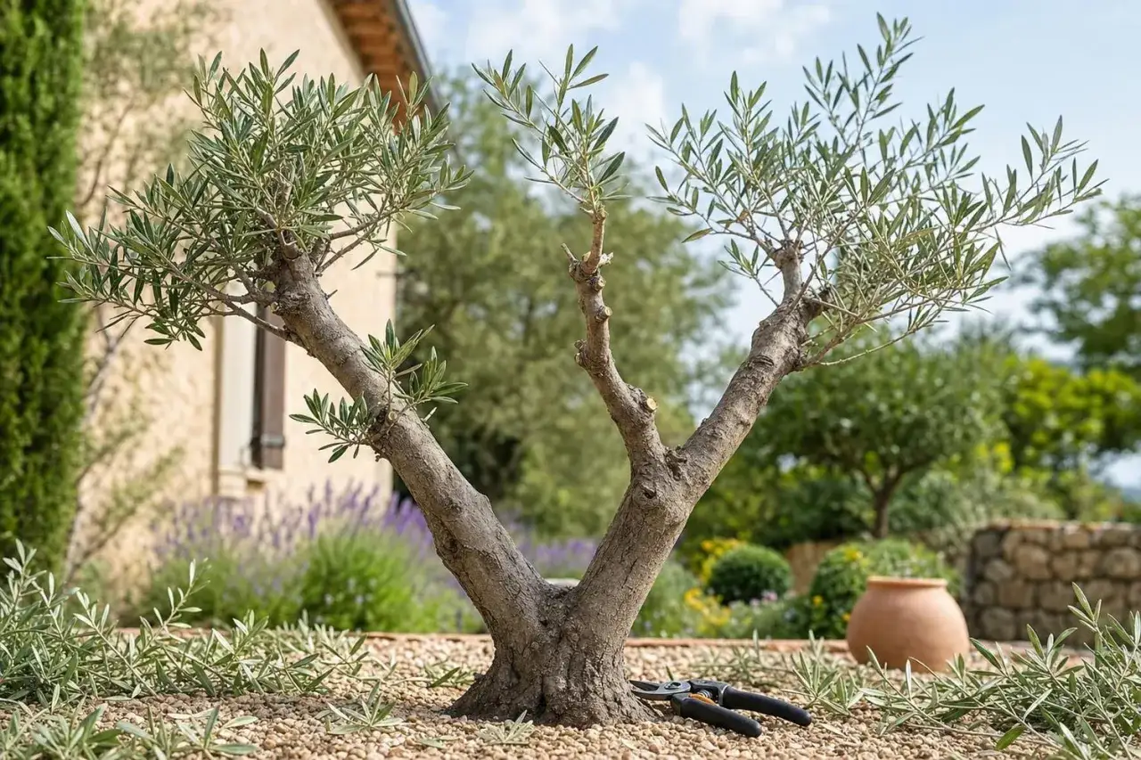 Un jeune olivier, pr&ecirc;t pour la taille, avec des cisailles &agrave; port&eacute;e de main. Le jardin m&eacute;diterran&eacute;en est pr&ecirc;t pour le printemps.