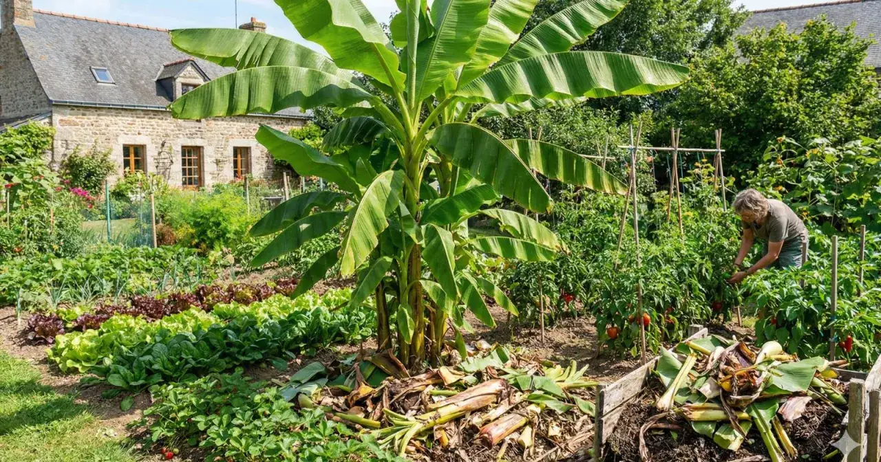 Un grand bananier extérieur trône dans un potager luxuriant, à côté d'une maison en pierre. Une femme récolte des légumes.