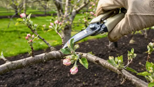 Main d'un jardinier avec des gants, utilisant un sécateur pour la taille d'un pommier en fleurs.