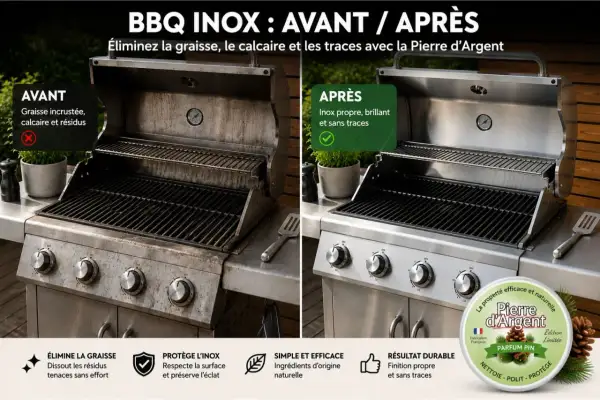 Avant/après d'un barbecue gaz : un côté encrassé, l'autre brillant après nettoyage avec la Pierre d'Argent.