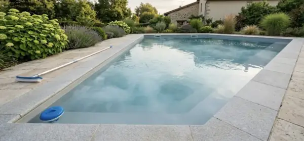 Piscine propre et prête pour la baignade après chlore choc. Un balai et un diffuseur de chlore flottent à la surface.