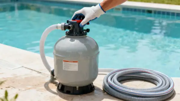 Main d'une personne ajustant un filtre de piscine à côté de l'eau trouble blanche.