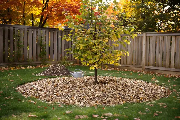Des feuilles mortes forment un paillis naturel au pied d'un jeune figuier, prêt pour l'hiver.