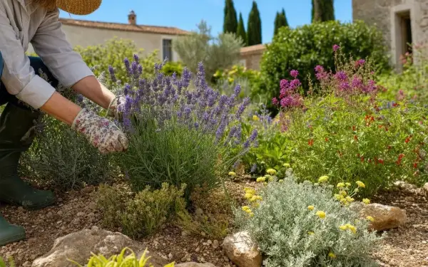 Jardinage au soleil, une personne cueille de la lavande. Idées de que faire avec de la lavande : parfumer, décorer, cuisiner.