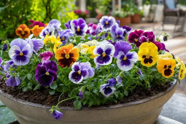 Un pot rempli de pensees fleur aux couleurs vives : violet, jaune, orange, blanc. Les gouttes de pluie brillent sur leurs pétales.