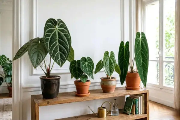 Collection d'anthuriums aux feuilles luxuriantes, parfaits pour un intérieur. L'anthurium entretien facile pour une touche tropicale.