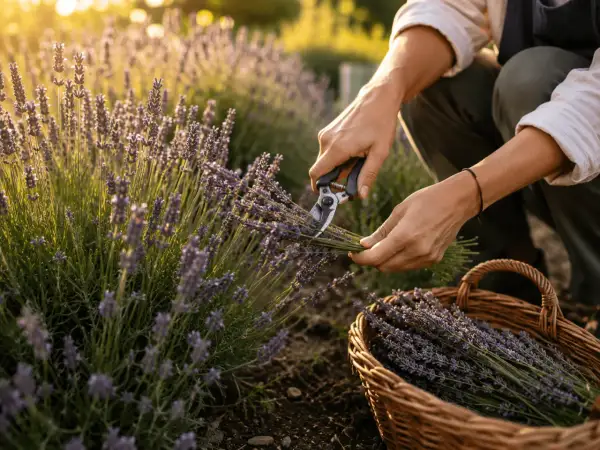 Mains coupant des tiges de lavande pour la récolte, un panier en osier rempli de fleurs violettes attend.