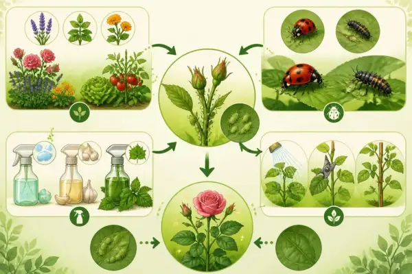 Illustration montrant comment lutter contre les pucerons avec des coccinelles, des pulvérisations naturelles et des méthodes de taille pour protéger les plantes.