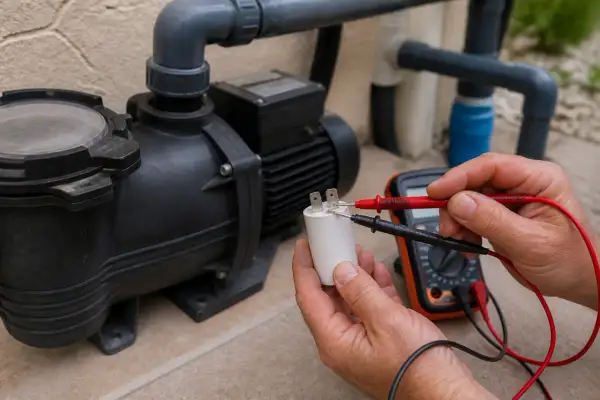 Un technicien teste un condensateur pour une pompe de piscine qui fait du bruit mais ne tourne pas.