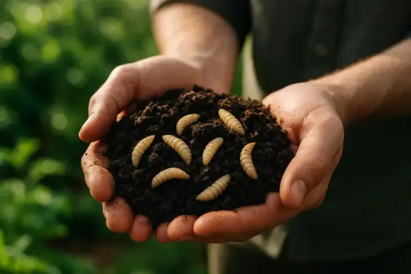 Mains tenant un tas de terreau riche, parsemé de plusieurs asticots composteurs, symboles de vie et de recyclage naturel.