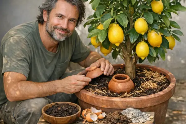Un homme souriant prend soin d'un citronnier en pot, prêt à récolter ses fruits.